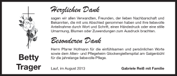 Traueranzeige von Betty Trager von Pegnitz-Zeitung